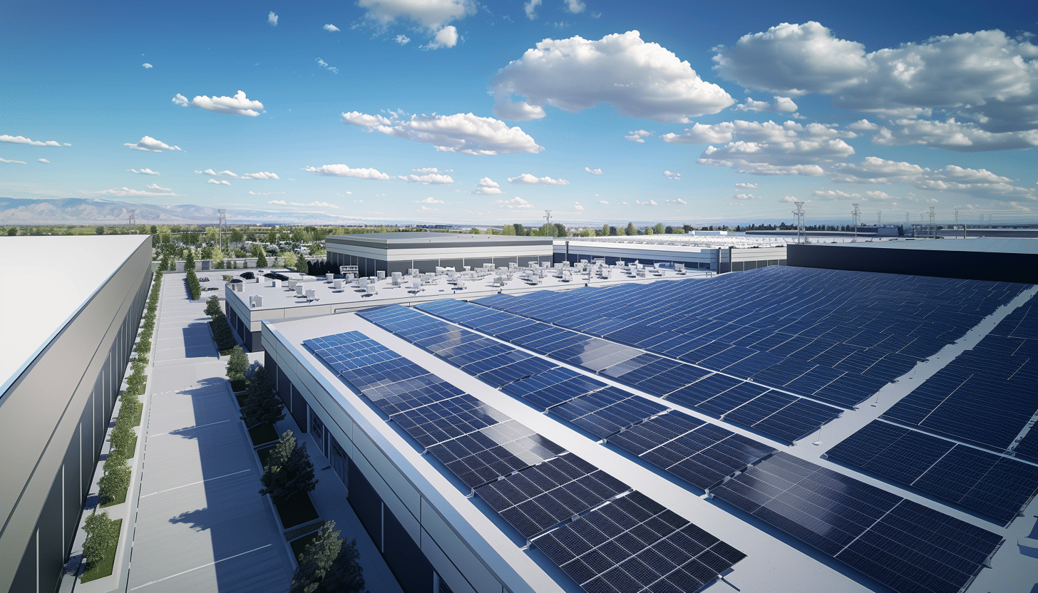 Bild som visar en stor företagsfastighet med många solceller på taket.