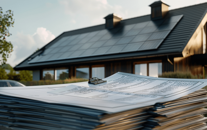 Bilden visar en stor hög med pappersdokument framför en villa med solceller på taket.