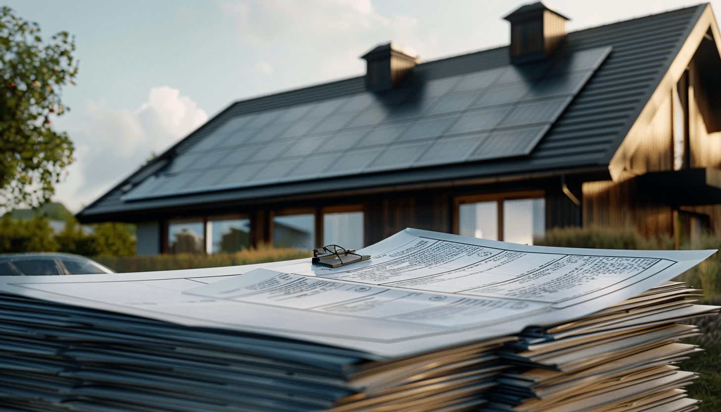 Bilden visar en stor hög med pappersdokument framför en villa med solceller på taket.