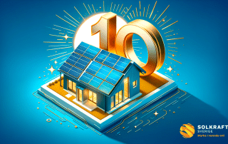Illustration med hus med solceller och en stor siffra 10 som symboliserar att Solkraft Sverige firar 10 år.