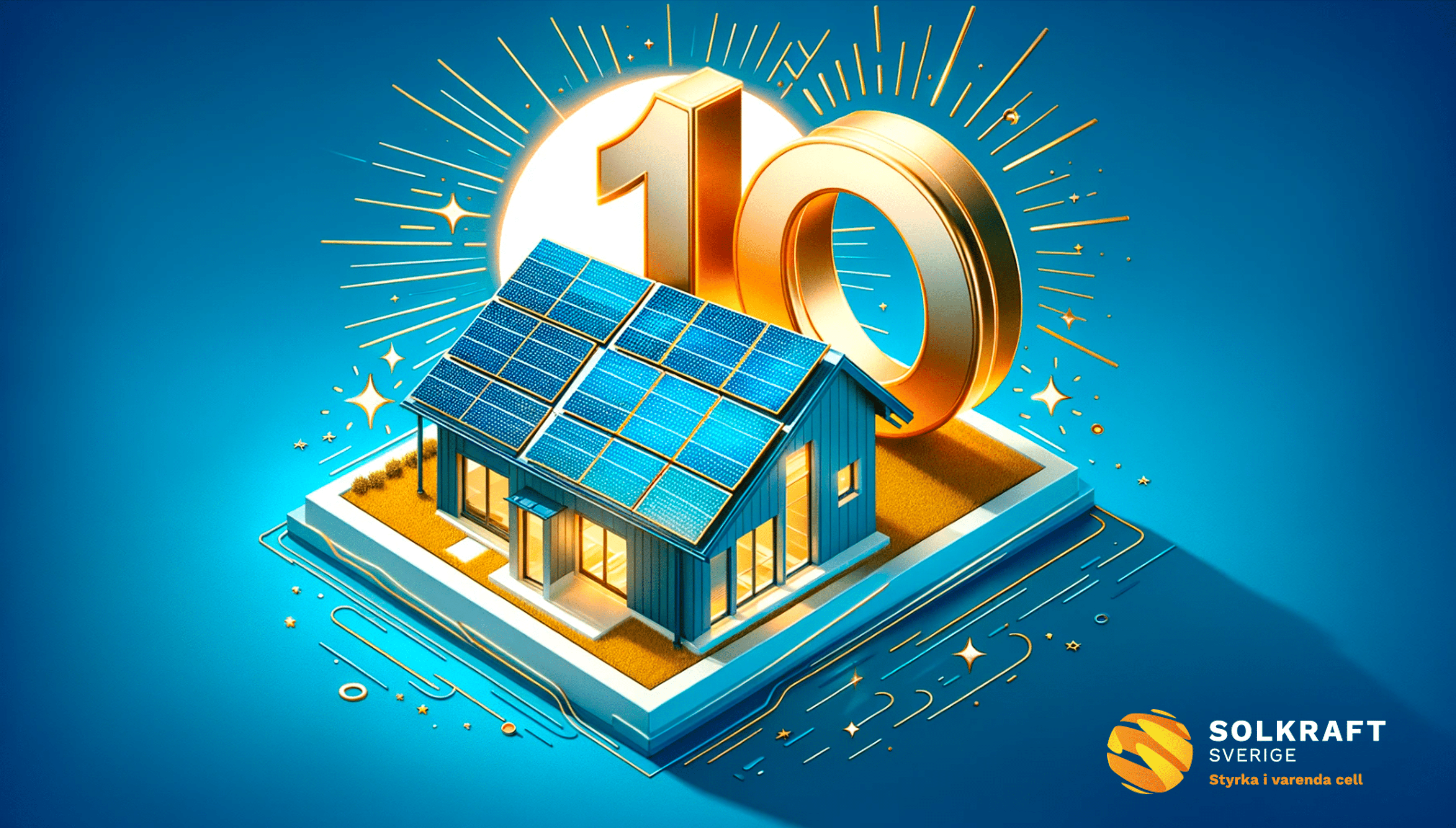 Illustration med hus med solceller och en stor siffra 10 som symboliserar att Solkraft Sverige firar 10 år.