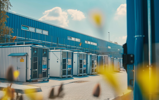Stora energilager utanför en företagsbyggnad.